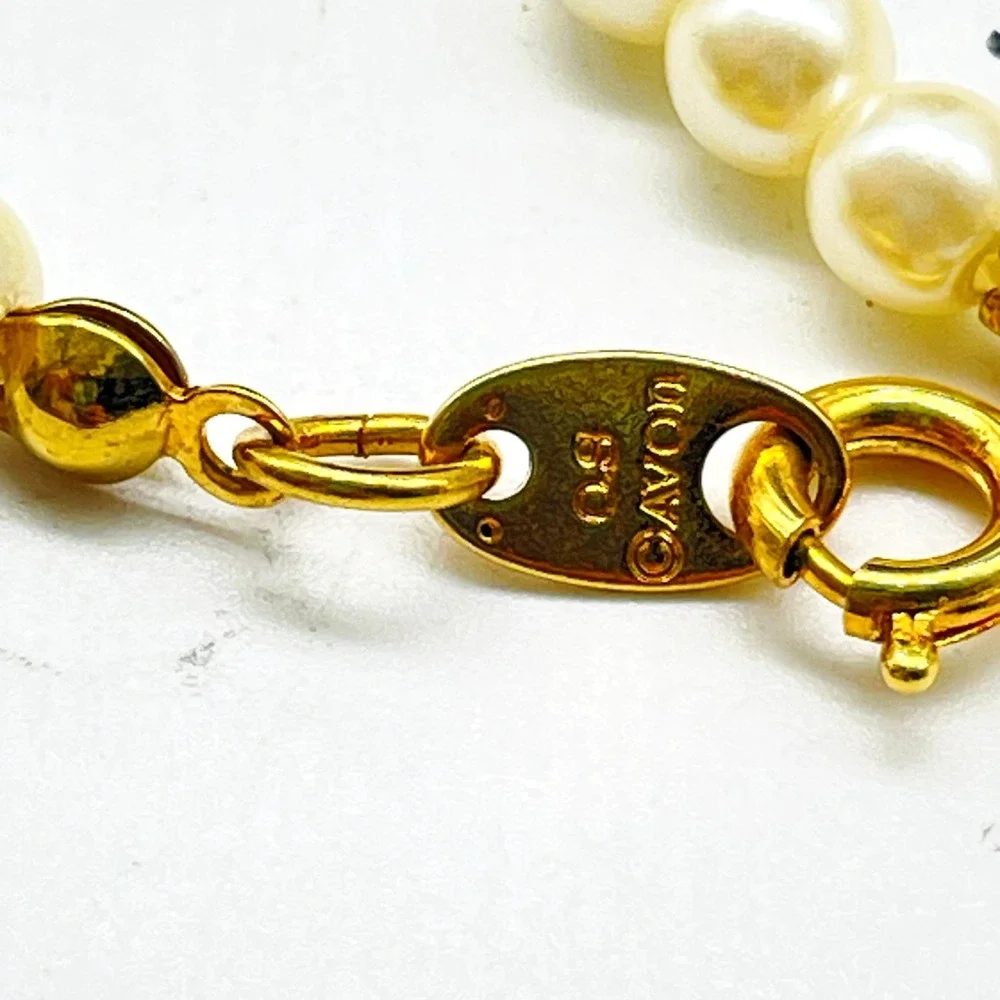 Avon Pendant Necklace Gold Tone Faux Pearl Long Chain Signed Vintage Jewelry